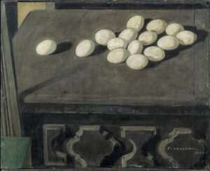 Felice Casorati, Le uova sul cassettone, 1920, tempera grassa su tavola, Collezione privata © Felice Casorati, by SIAE 2023