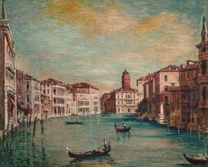 Giorgio de Chirico (Volo, Grecia, 1888 - Roma 1978), Venezia, un canale, 1954-1966 Olio su cartone applicato su tela, cm 60 x 70 Collezione privata